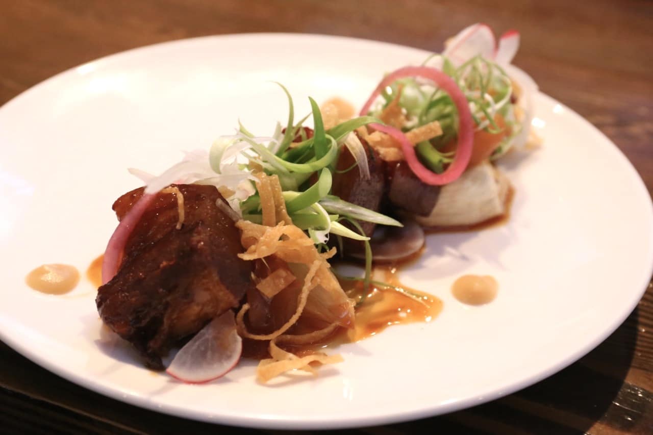 Kakuni: soy, maple syrup, brown sugar braised pork belly, braised apple and roasted onion.