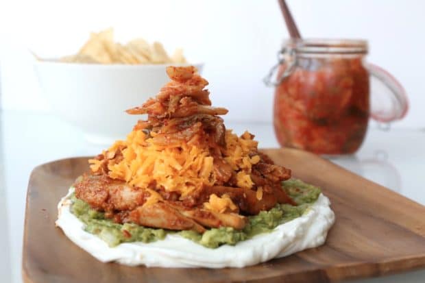 Ssamjang Kimchi Nachos are the best munchies food to use up leftover roast chicken or turkey. 