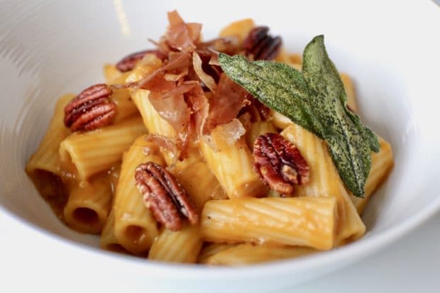 Rigatoni with Fried Sage, Roasted Pecans, Prosciutto and Pumpkin Velouté