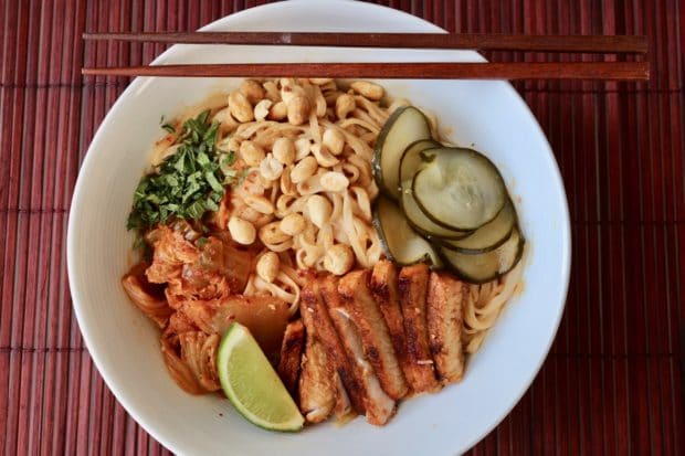 Peanut and Sesame Noodle Bowl with Korean BBQ Pork and Pickles