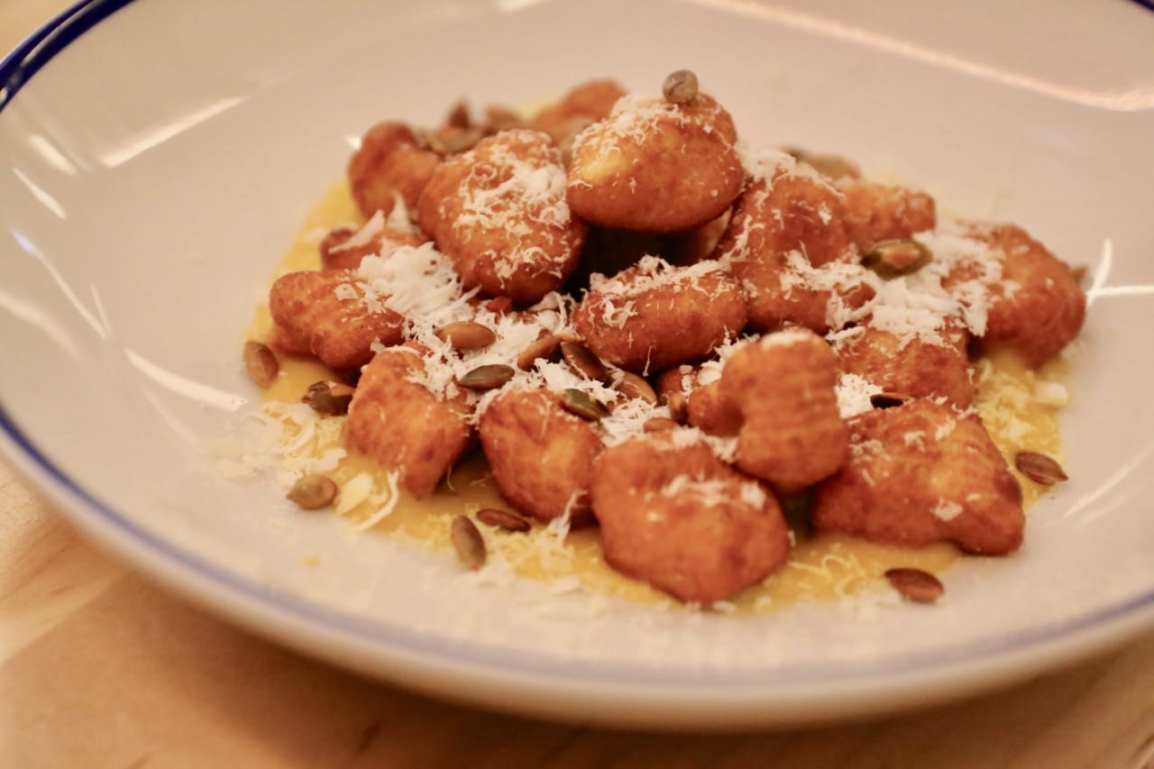 Amano Pasta: Crispy Dumplings Gnocchi with squash puree, toasted pumpkin seeds, ricotta salata