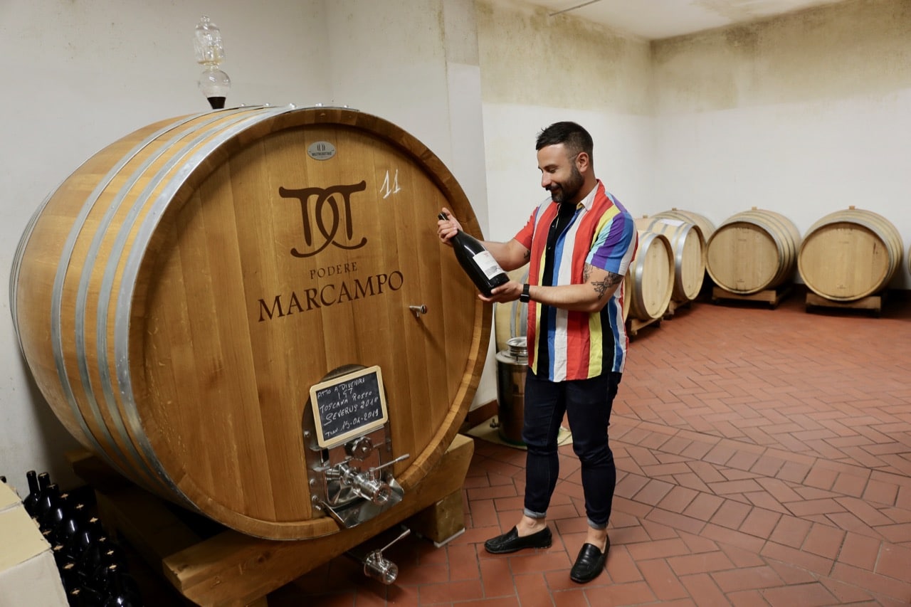 Visit the cellar on a tour of the Podere Marcampo winery in Tuscany.