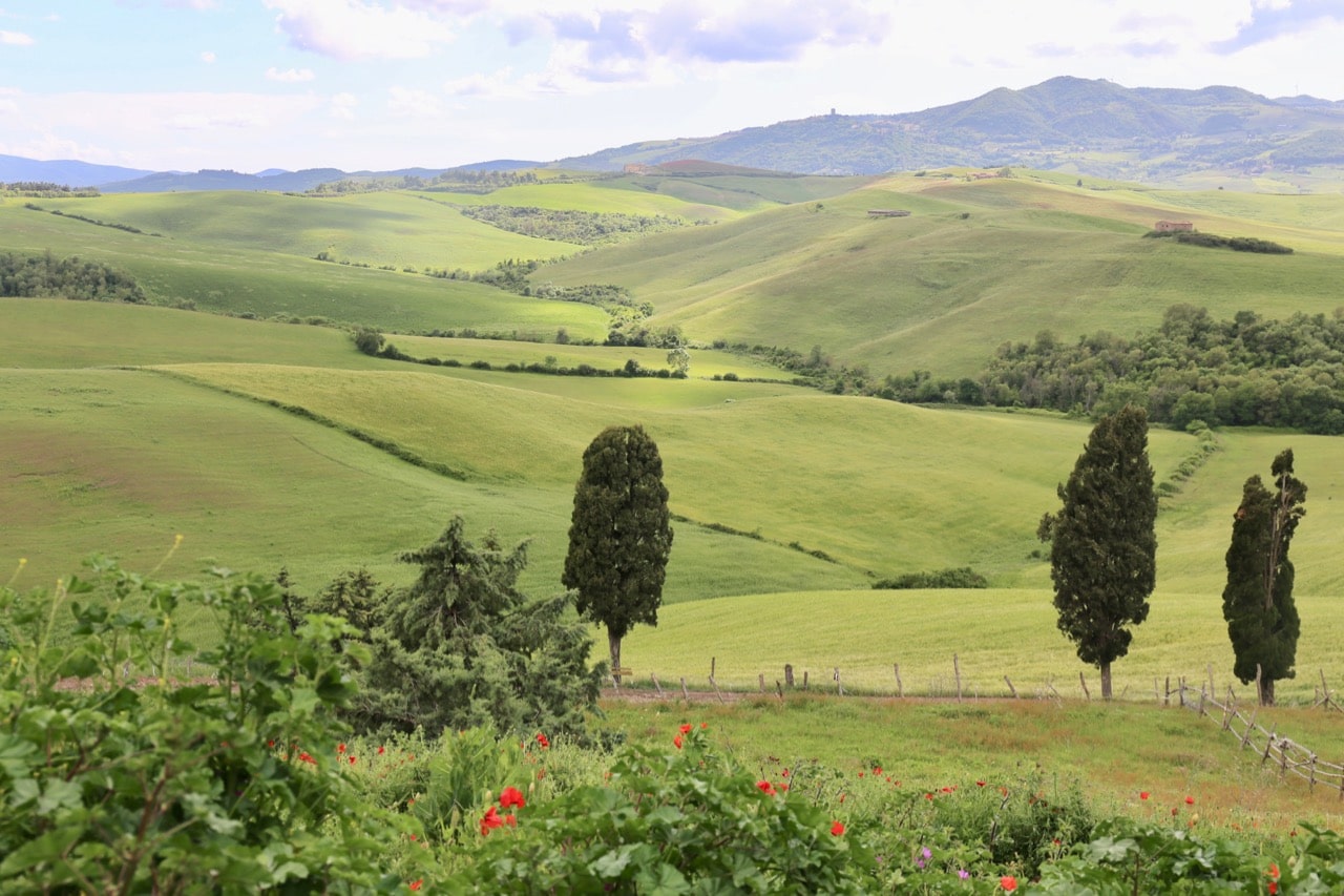 Enjoy panoramic views of the Tuscan countryside at Agriturismo Volterra Fattoria Lischeto.