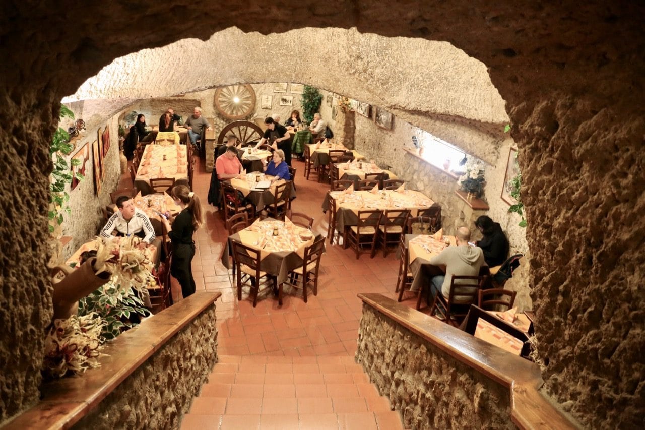 The dining room at Il Noce Trattoria is located in an old wine cave.