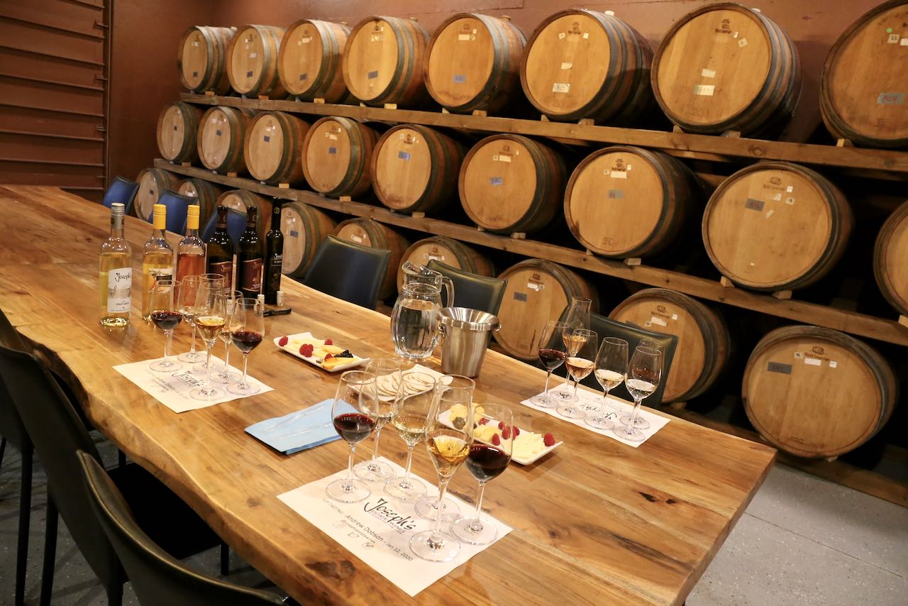 Enjoy a VIP wine tasting at Joseph's Estates Wines barrel room.