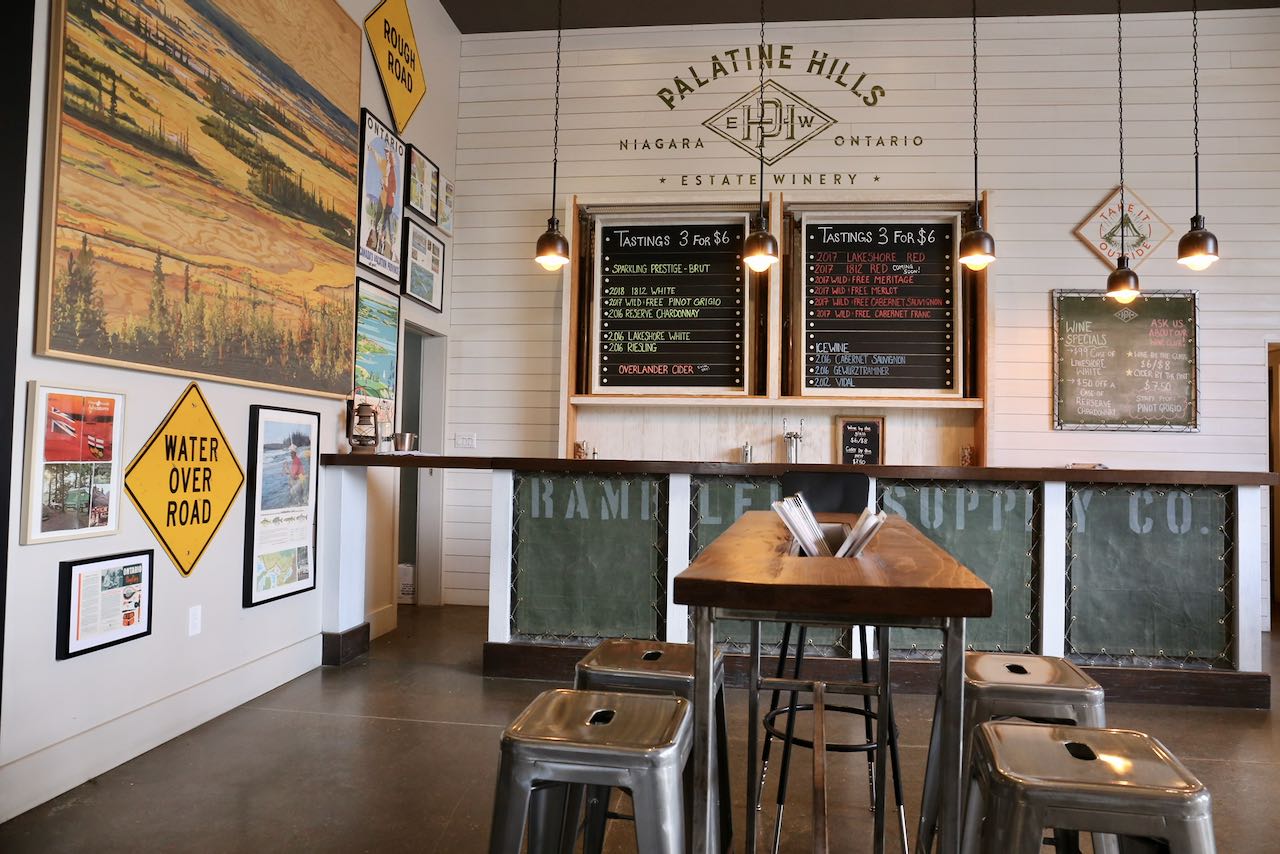 Palatine Hills Estate Winery's interior feels like a trendy craft brewery.