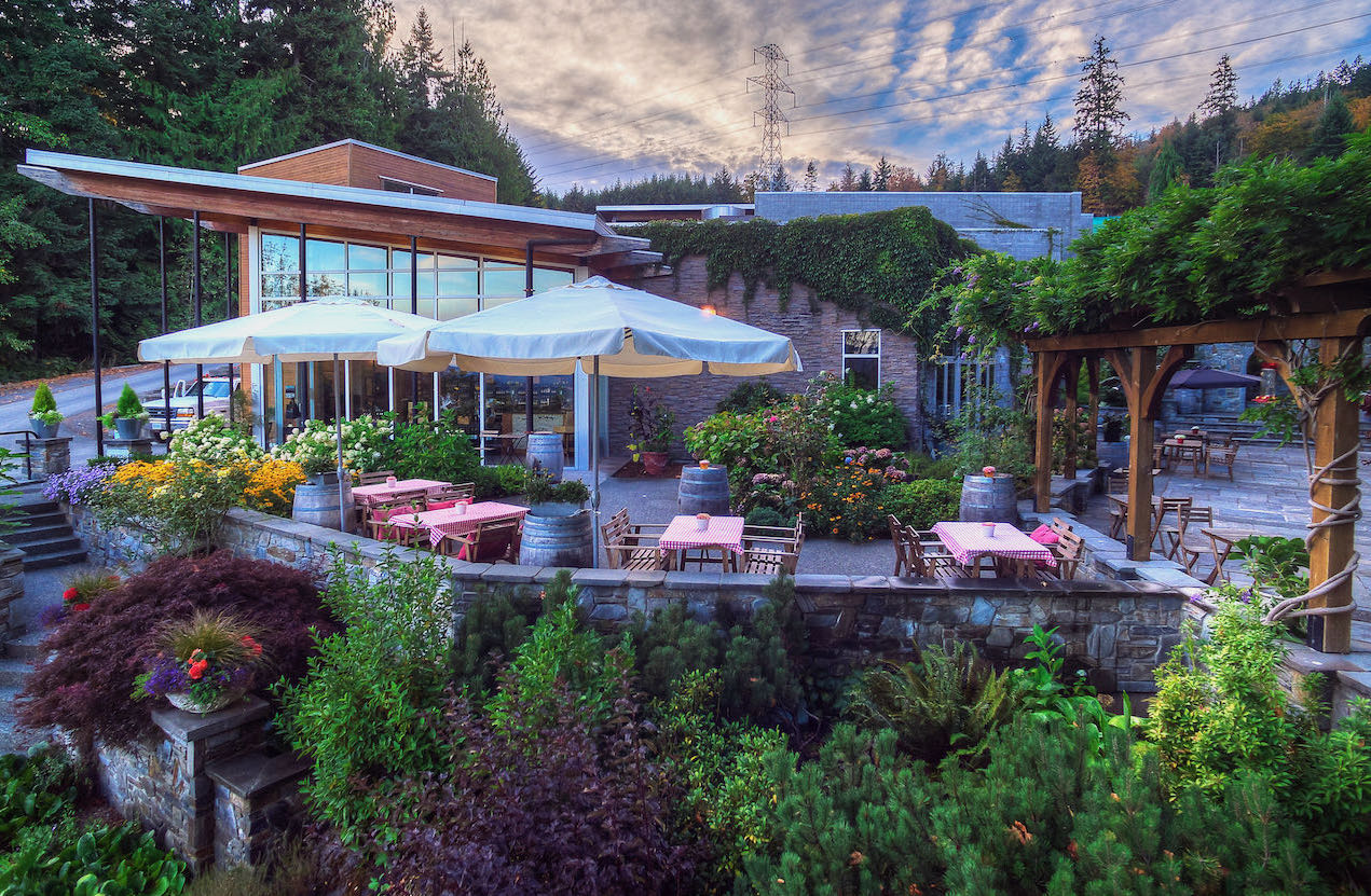 Averill Creek Vineyard's outdoor patio in Cowichan Valley, British Columbia.