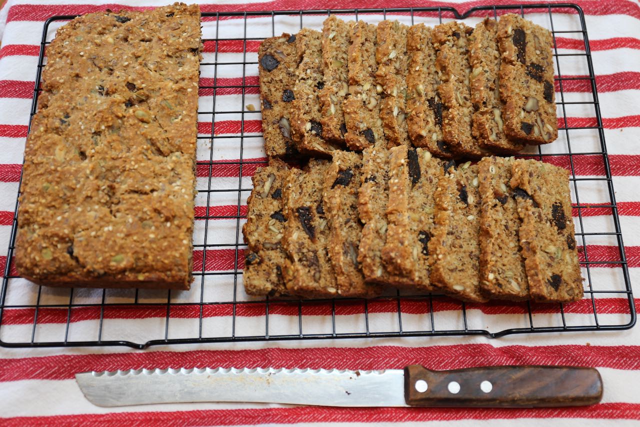 After loaf bakes in the oven let cool and slice into thin fibre crackers.
