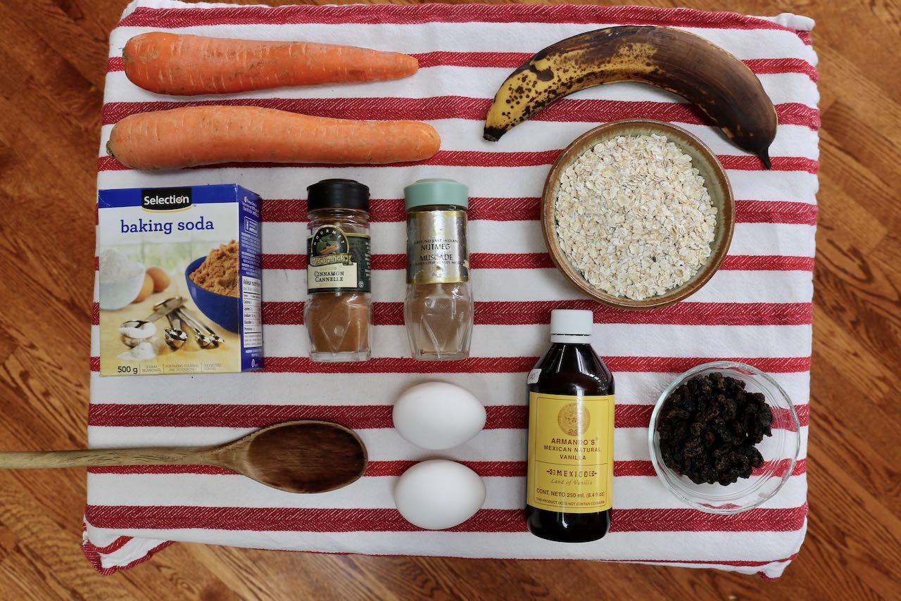Ingredients you'll need to make homemade Banana Carrot Muffins.