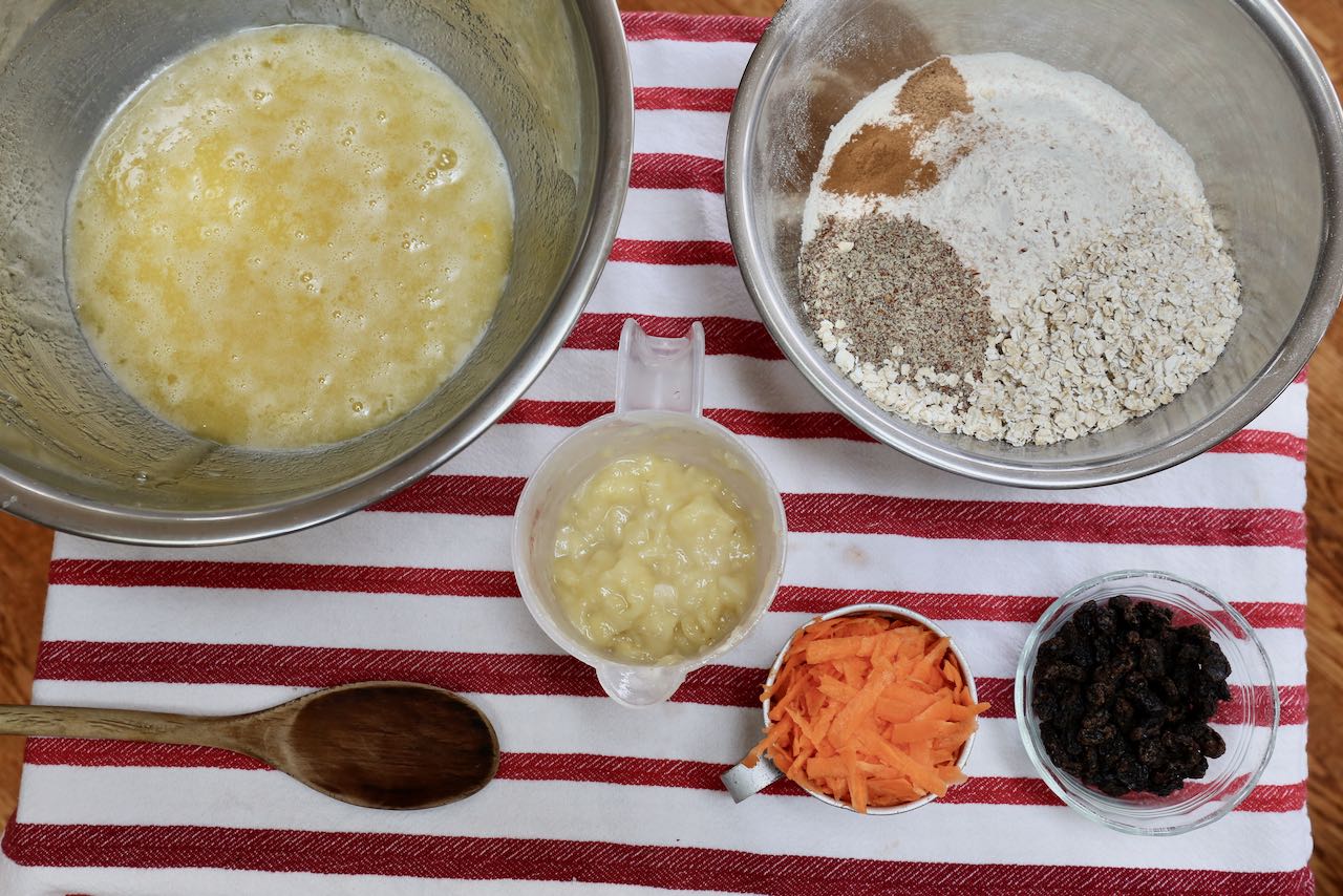 Prepare wet and dry ingredients in separate mixing bowls.