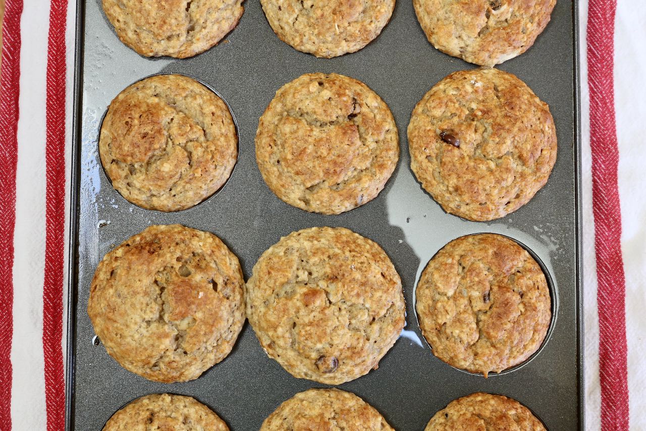 Homemade Banana Oat Chocolate Chip Muffins fresh out of the oven.