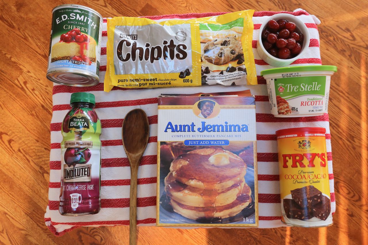 Ingredients you'll need to make easy and quick Cherry Pancakes. 