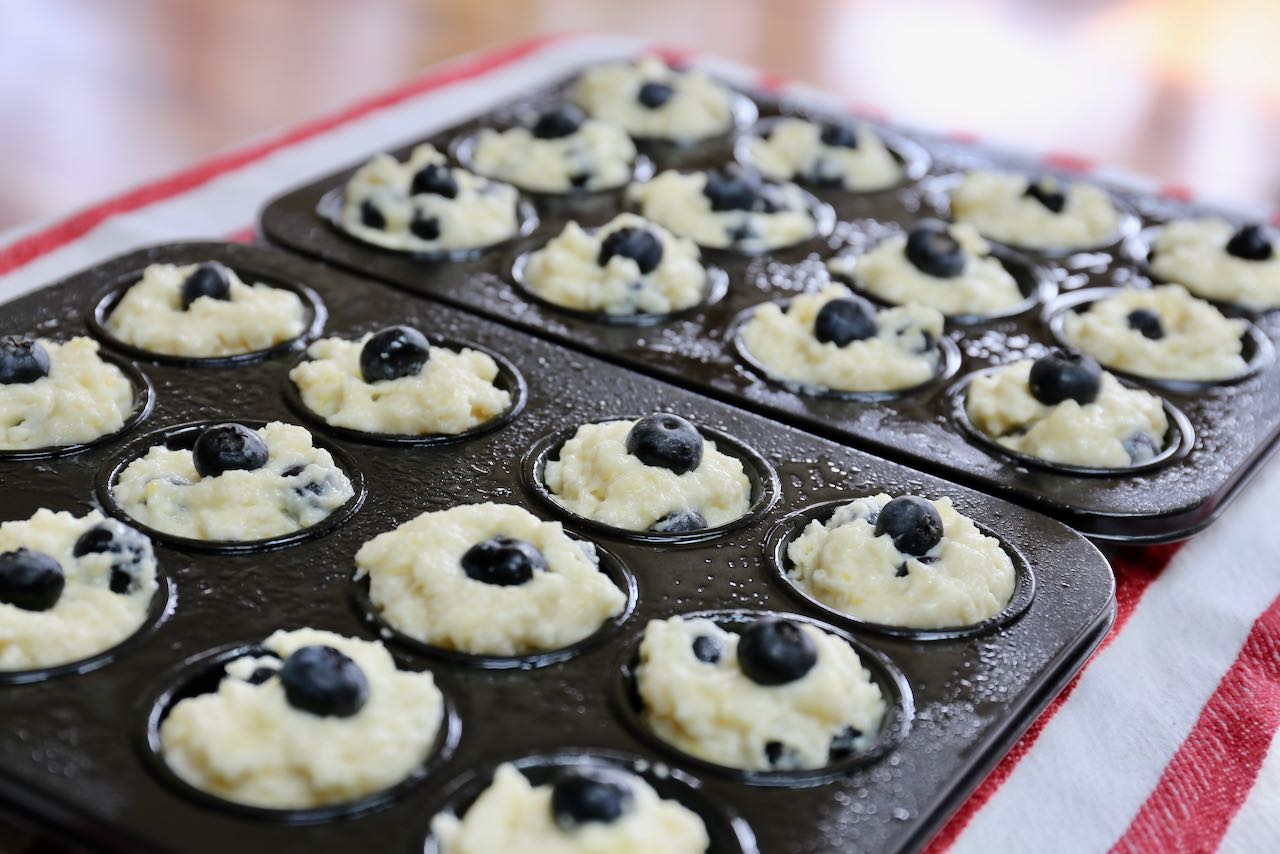 Mini Blueberry Muffins ready to bake in the oven.