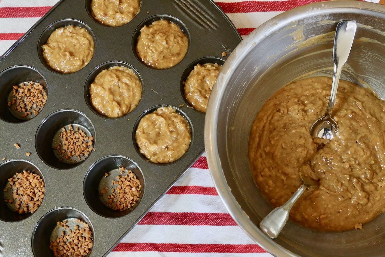 Scoop Banana Date Muffin batter over Skor Toffee Bits.