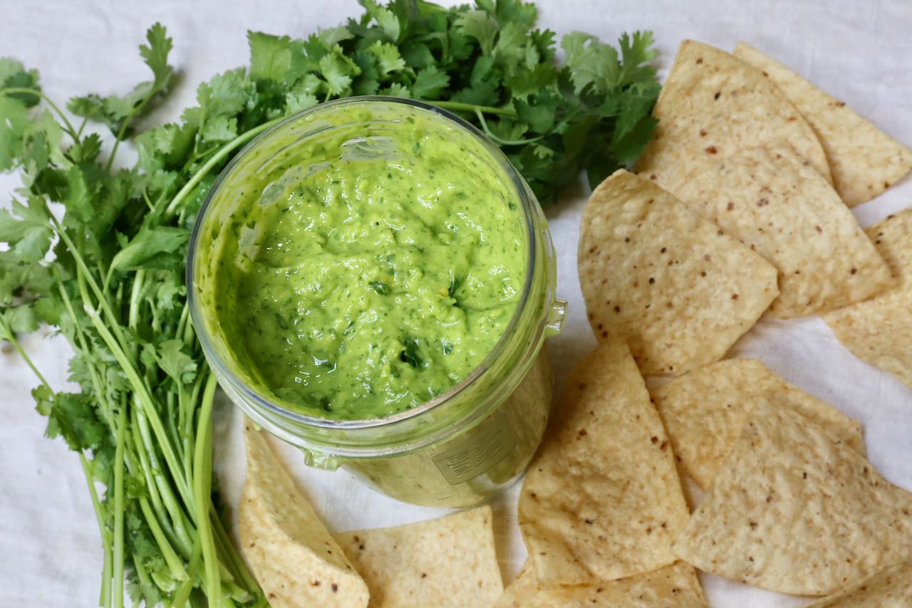 Serve Guasacaca, "Venezuelan Guacamole" with nachos for a quick vegetarian & vegan snack.