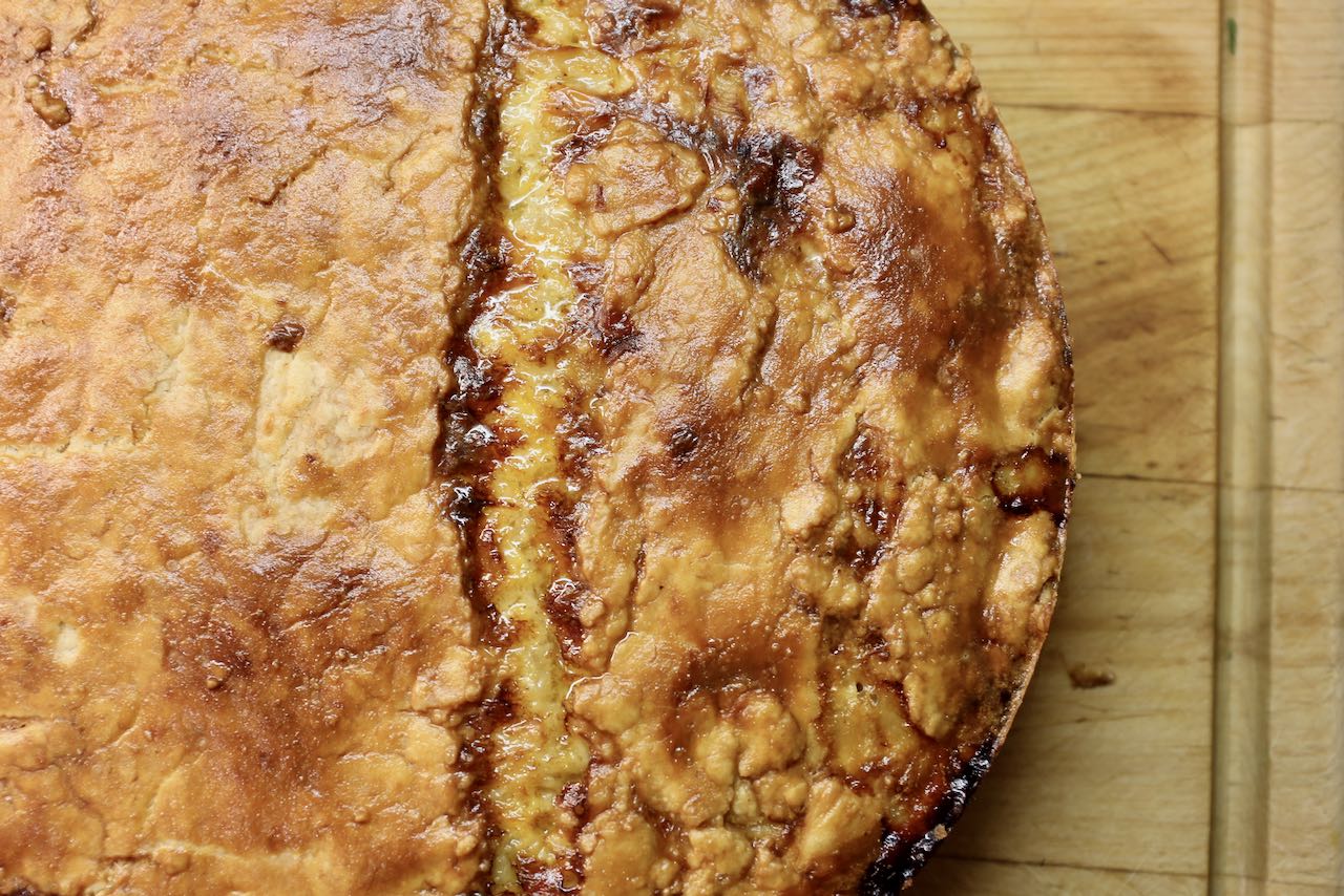 Old School Cheese and Onion Pie is finished baking once the crust is golden brown and filling is bubbling. 