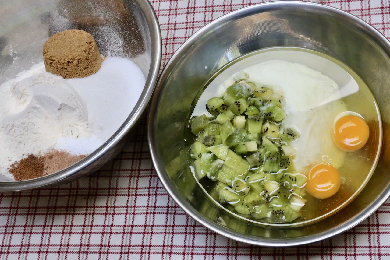 Kiwi Muffins: Mix dry ingredients and wet ingredients in separate bowls before combining.