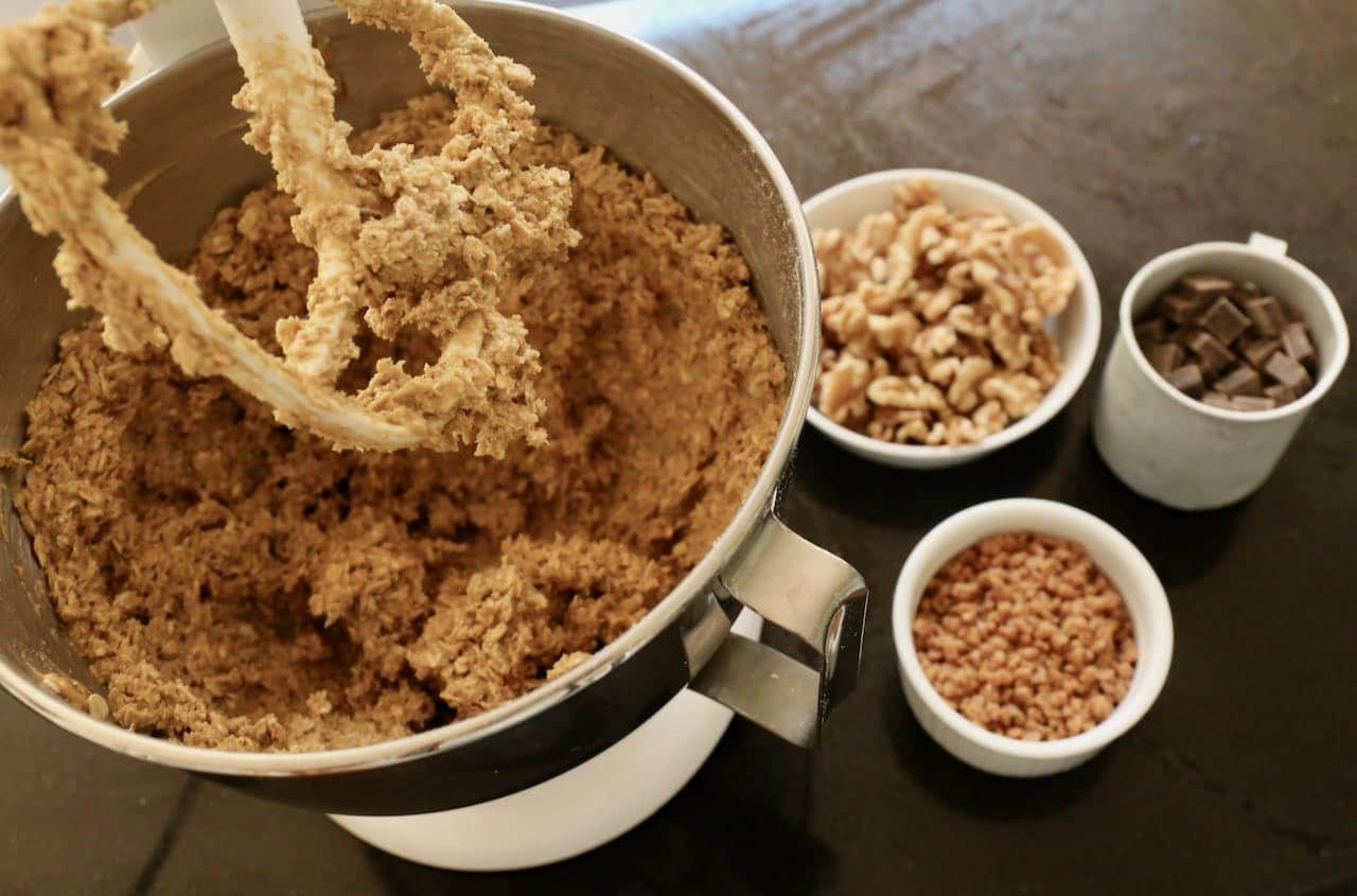 Use an electric mixer to combine butter, sugar, oat flour, oats and peanut butter.