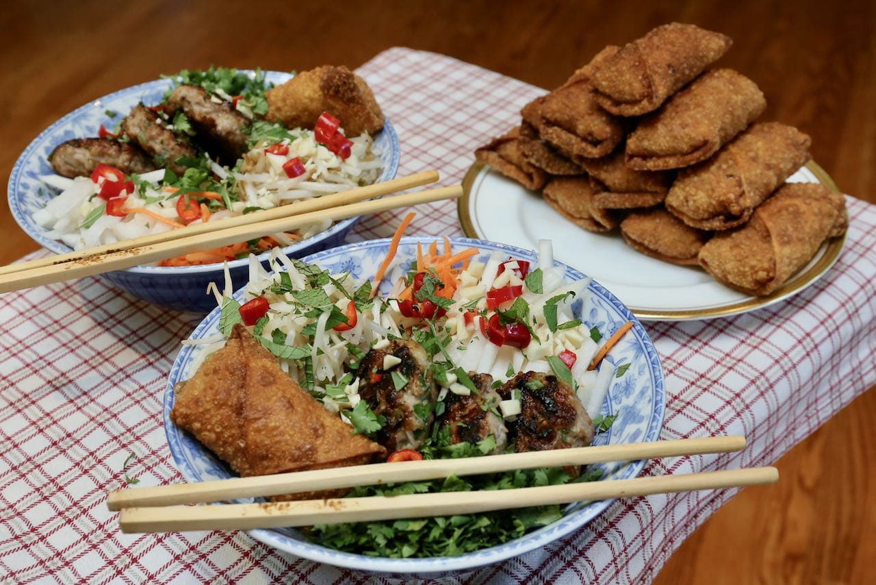 Serve our Bun Cha Recipe as a noodle bowl with Egg Rolls.