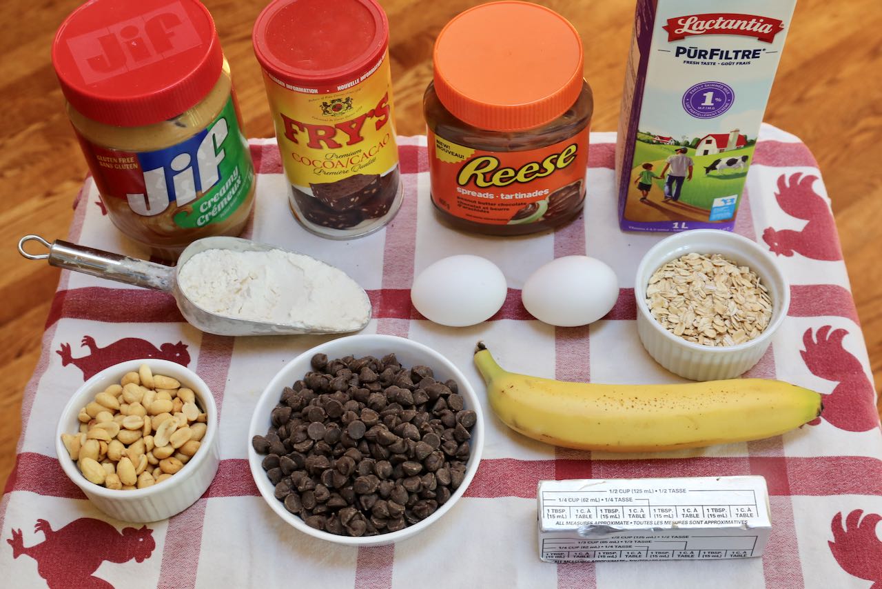 Ingredients you'll need to make Peanut Butter Chocolate Chip Muffins.