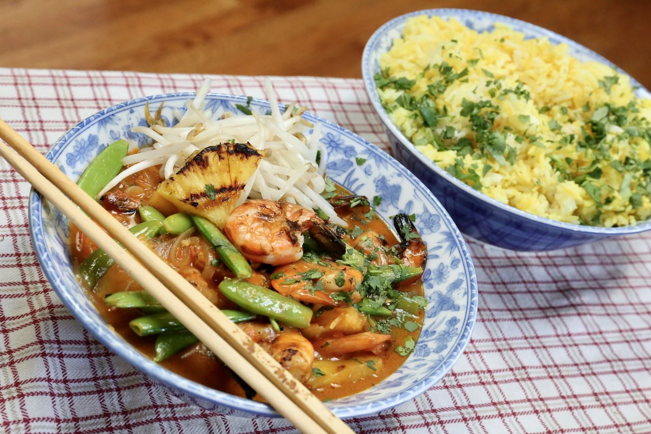 Serve Thai Red Prawn Curry alongside coconut turmeric rice.