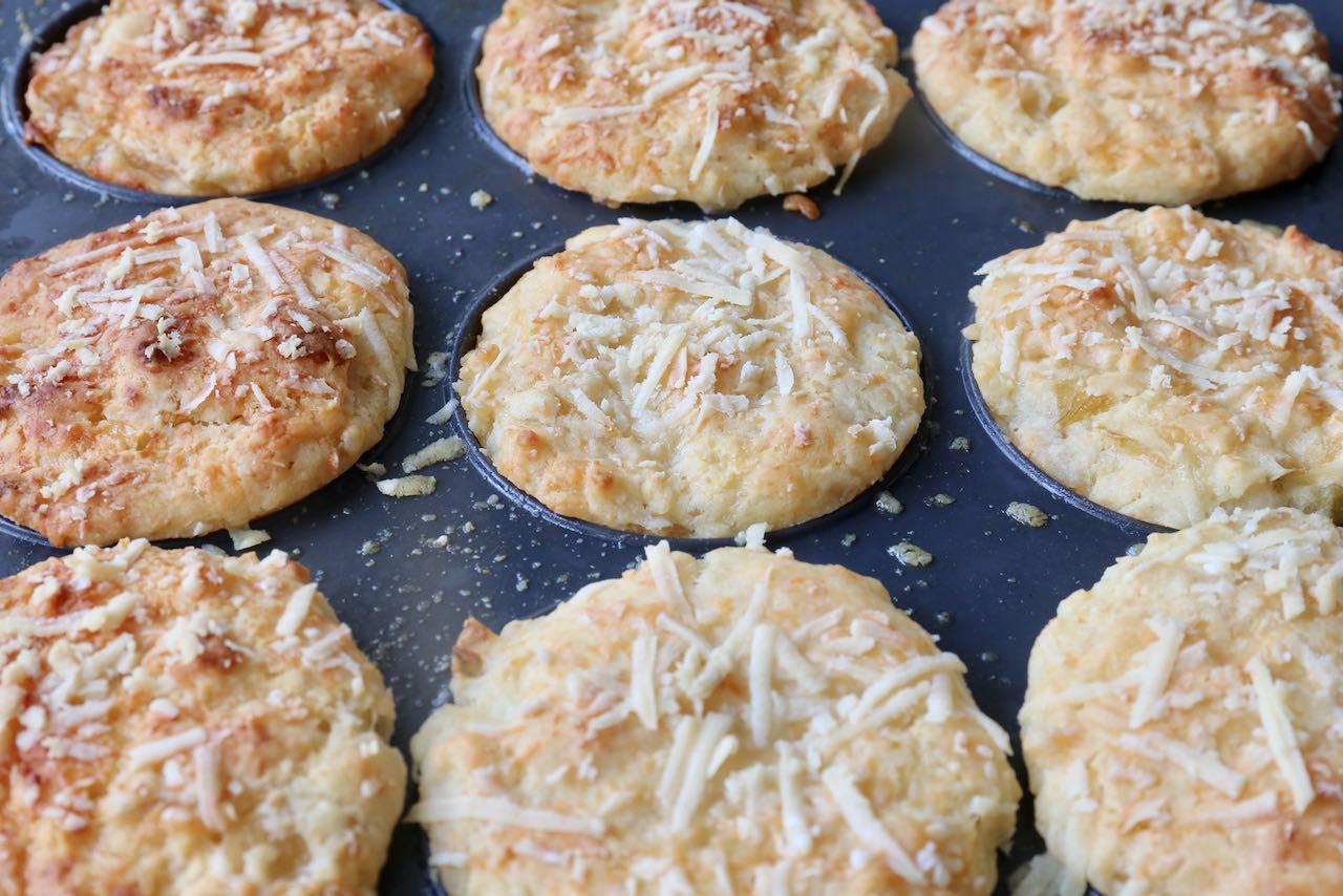 Remove Cheese and Onion Muffins from the oven once they have browned and the parmesan topping is crispy.