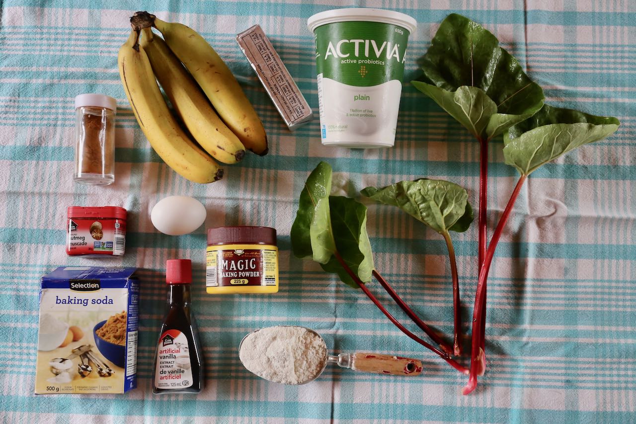 Ingredients you'll need to make Banana Rhubarb Muffins.
