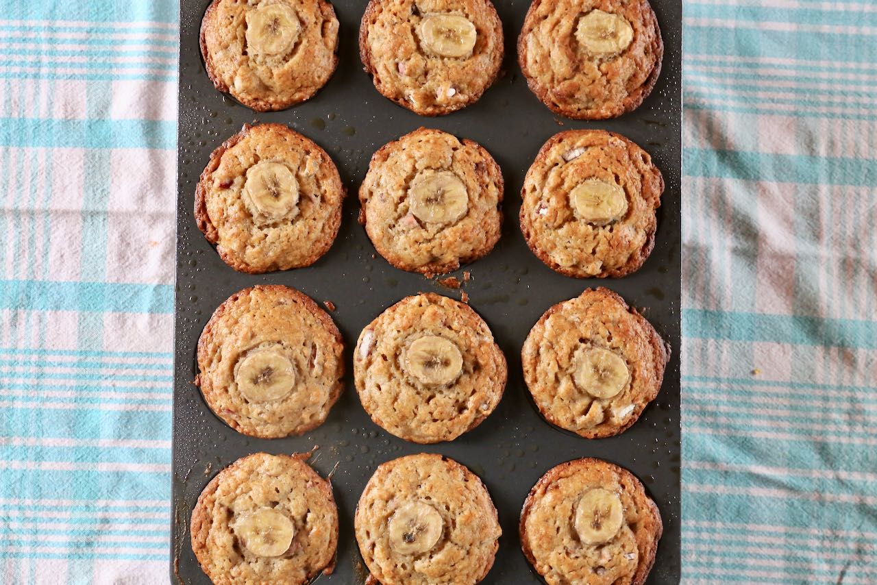 Let Banana Rhubarb Muffins cool before removing them from their tins.