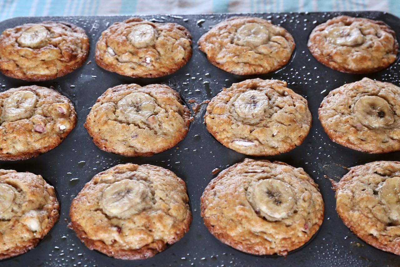 Banana Rhubarb Muffins are our favourite healthy summer breakfast snack.