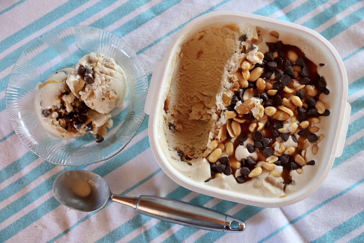 Remove hard Banana Nut Ice Cream from the freezer and scoop into dessert bowls.