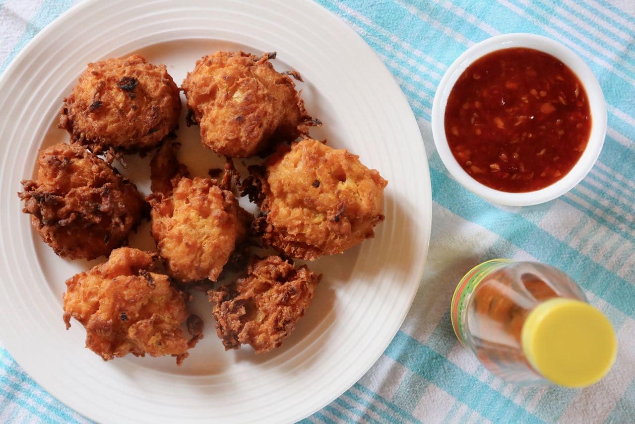 Serve grabong pumpkin fritters with Thai sweet chili dipping sauce.