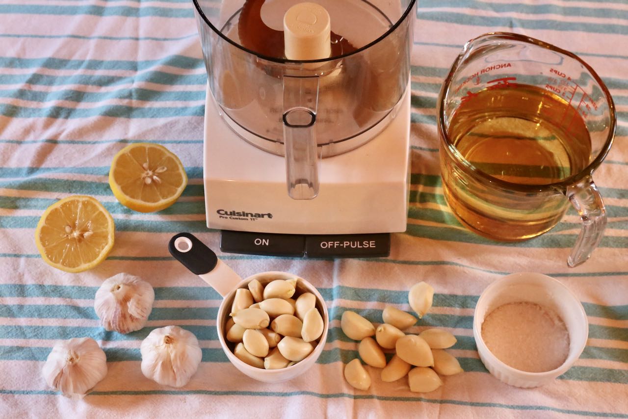 Kebab Garlic Sauce features garlic, salt, oil and lemon juice.