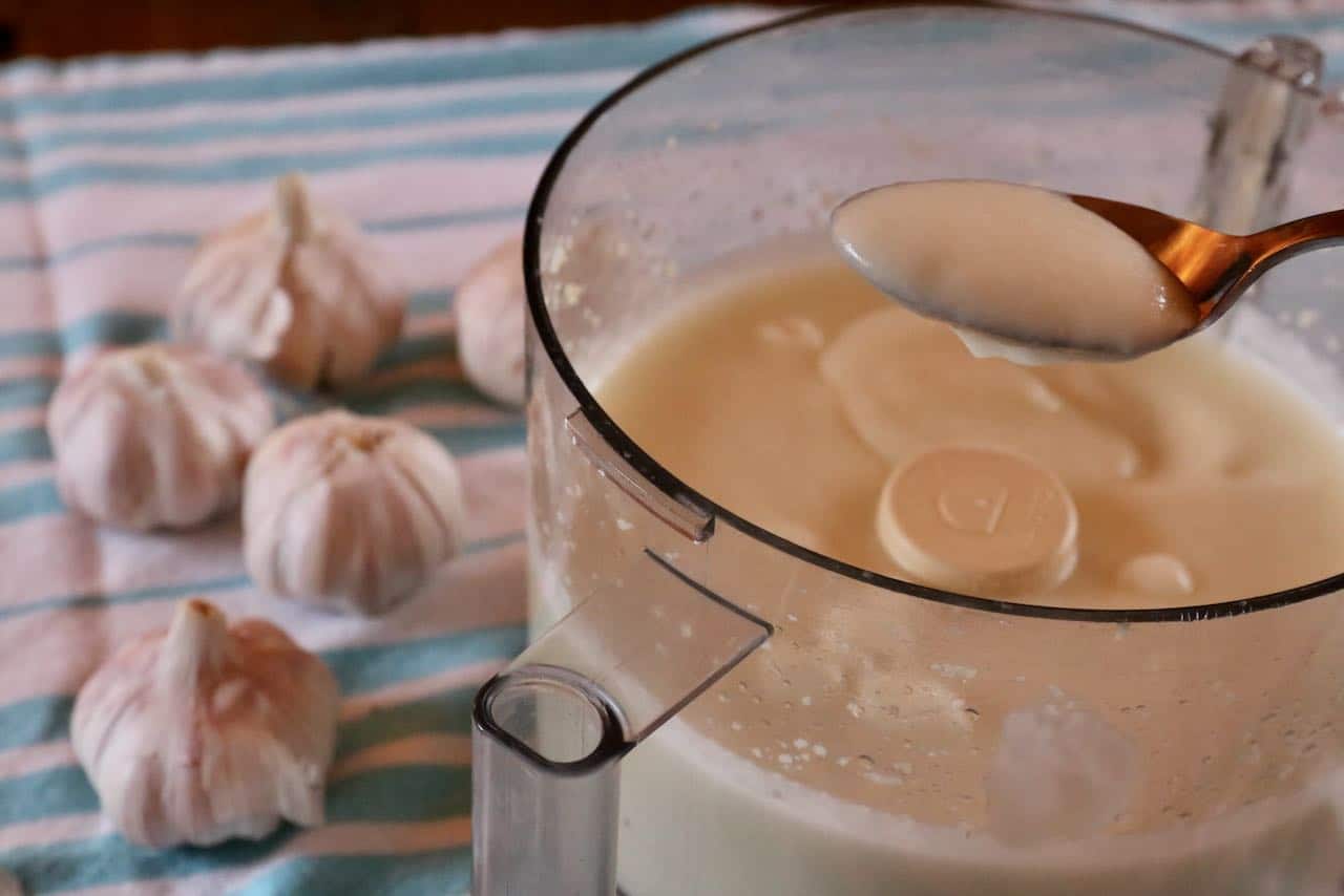 Kebab Garlic Sauce thickens like mayonnaise when lemon juice and oil are slowly added.