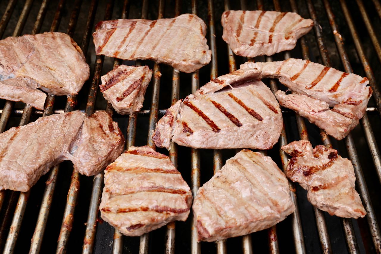 Grill steak on the barbecue until medium rare and juicy.