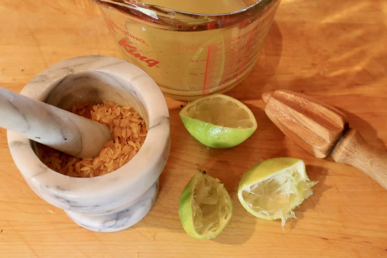 Nam Tok dressing features fresh lime juice and crushed toasted rice.