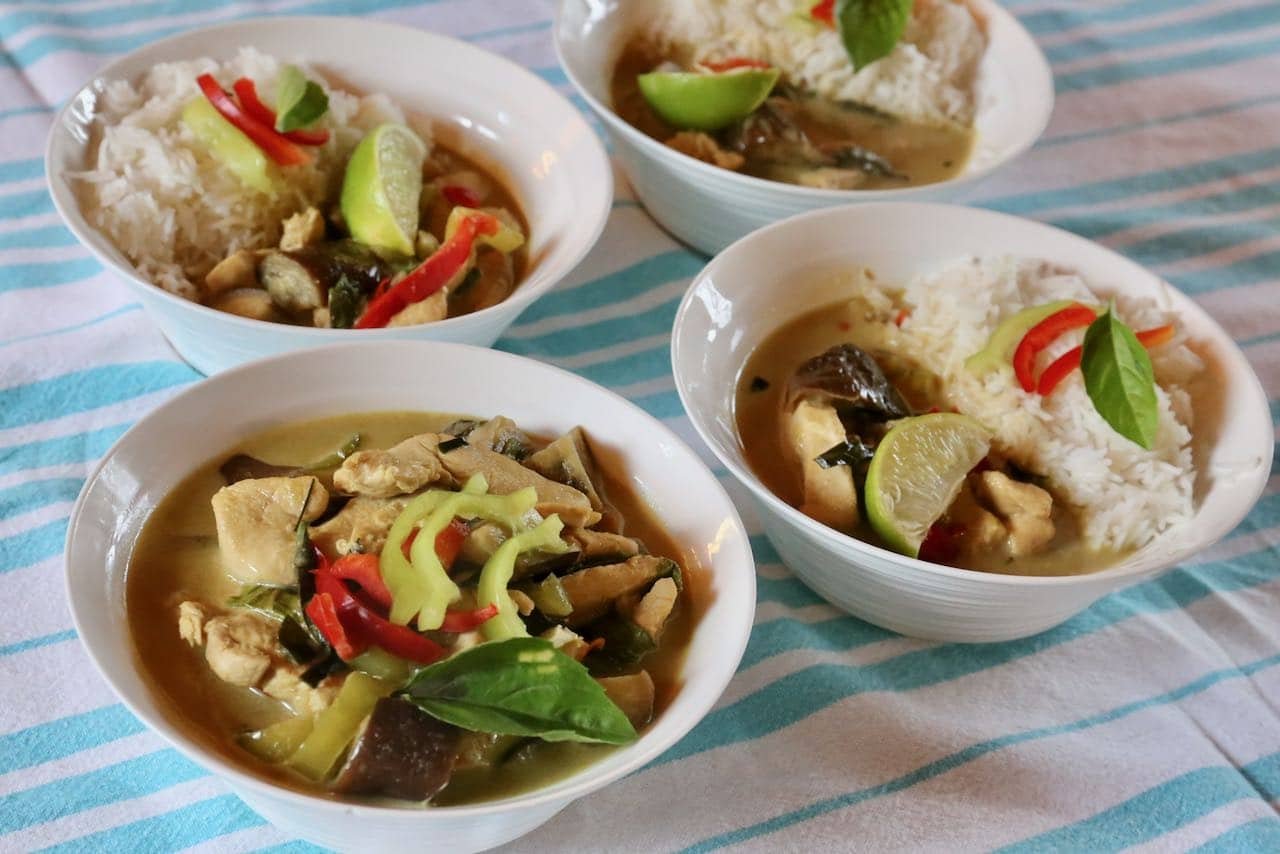 Host a traditional Thai feast by serving Gaeng Keow Wan and coconut rice in large bowls.