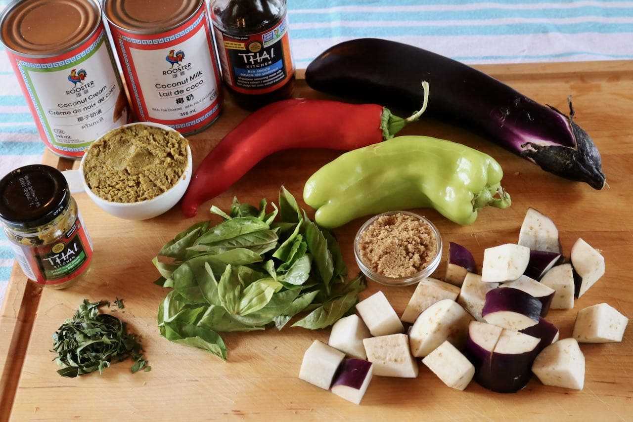 Gaeng Keow Wan features Green Curry Paste, lime leaf, coconut milk, basil, peppers and eggplant.