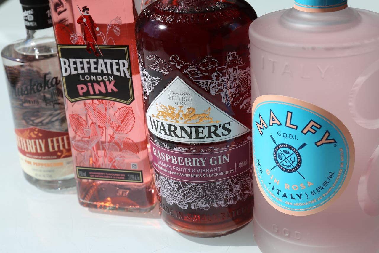 Pink gins can be flavoured with peppercorns, strawberry, raspberry and grapefruit. 