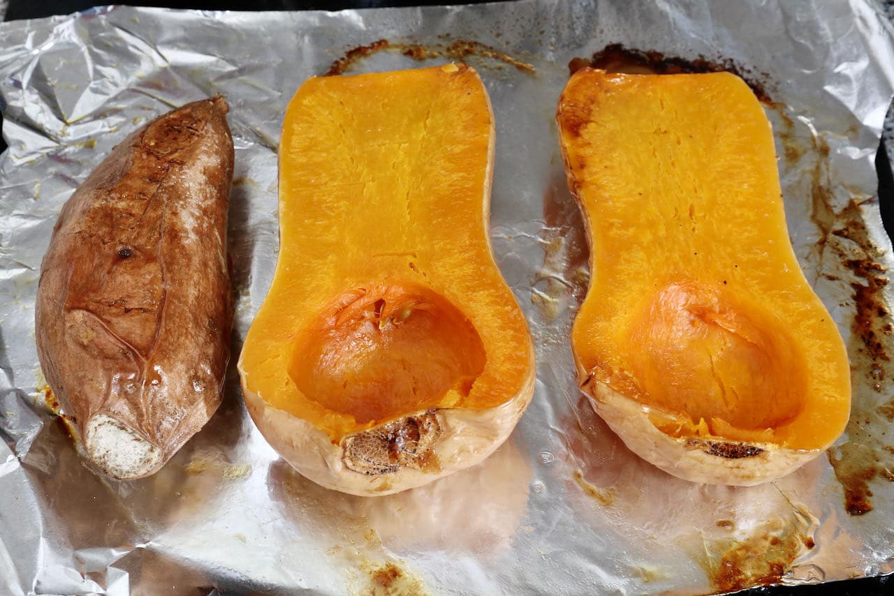 Roast sweet potato and pumpkin in the oven until tender.