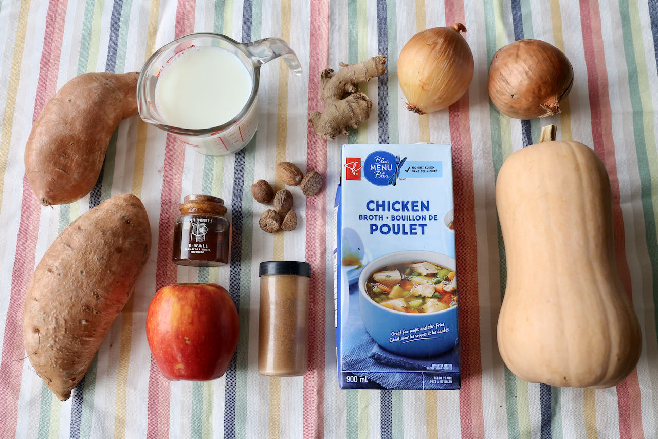 Ingredients you'll need to make our Pumpkin and Sweet Potato Soup recipe.