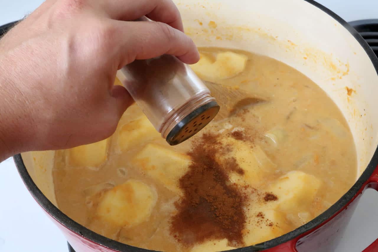 Add spices like cinnamon, nutmeg and mace to Pumpkin and Sweet Potato Soup.