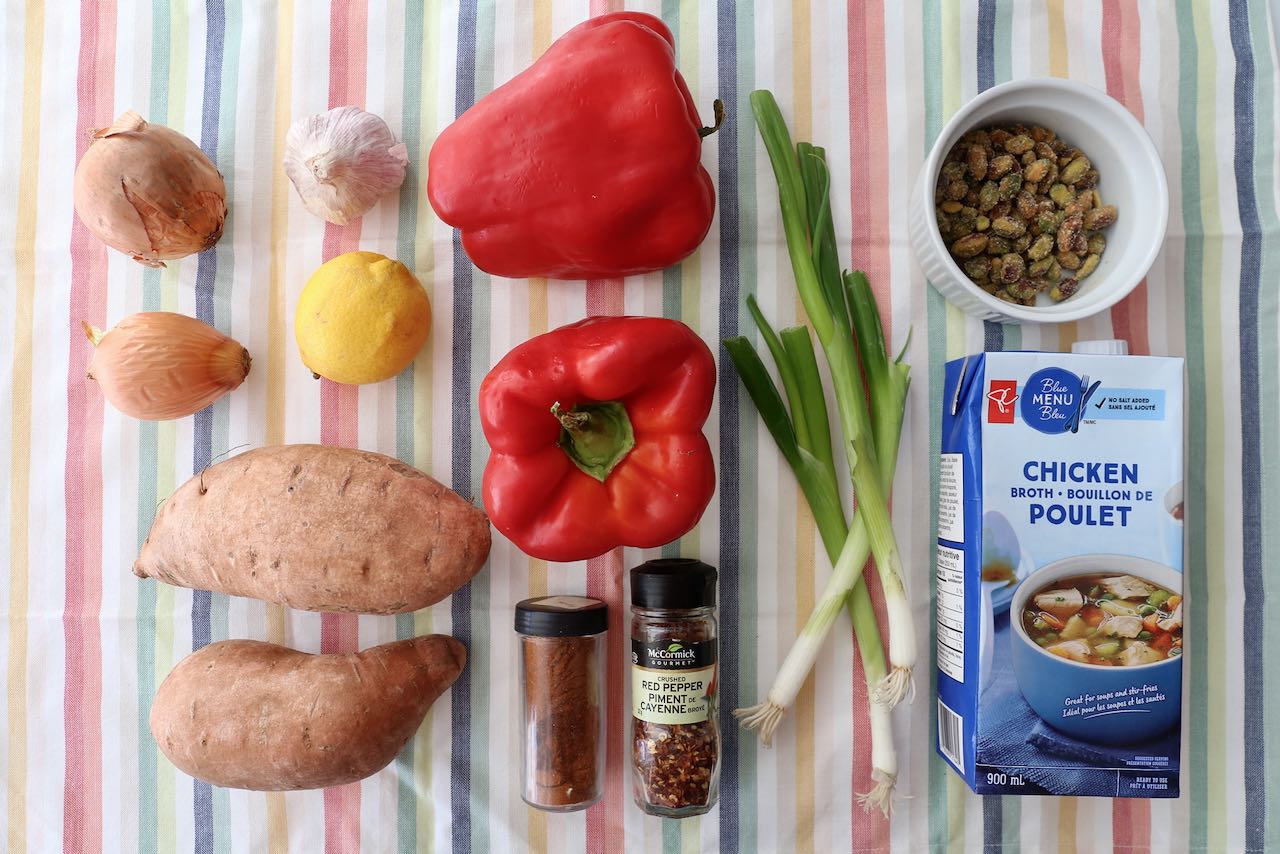 Ingredients you'll need to make healthy Sweet Potato and Red Pepper Soup.