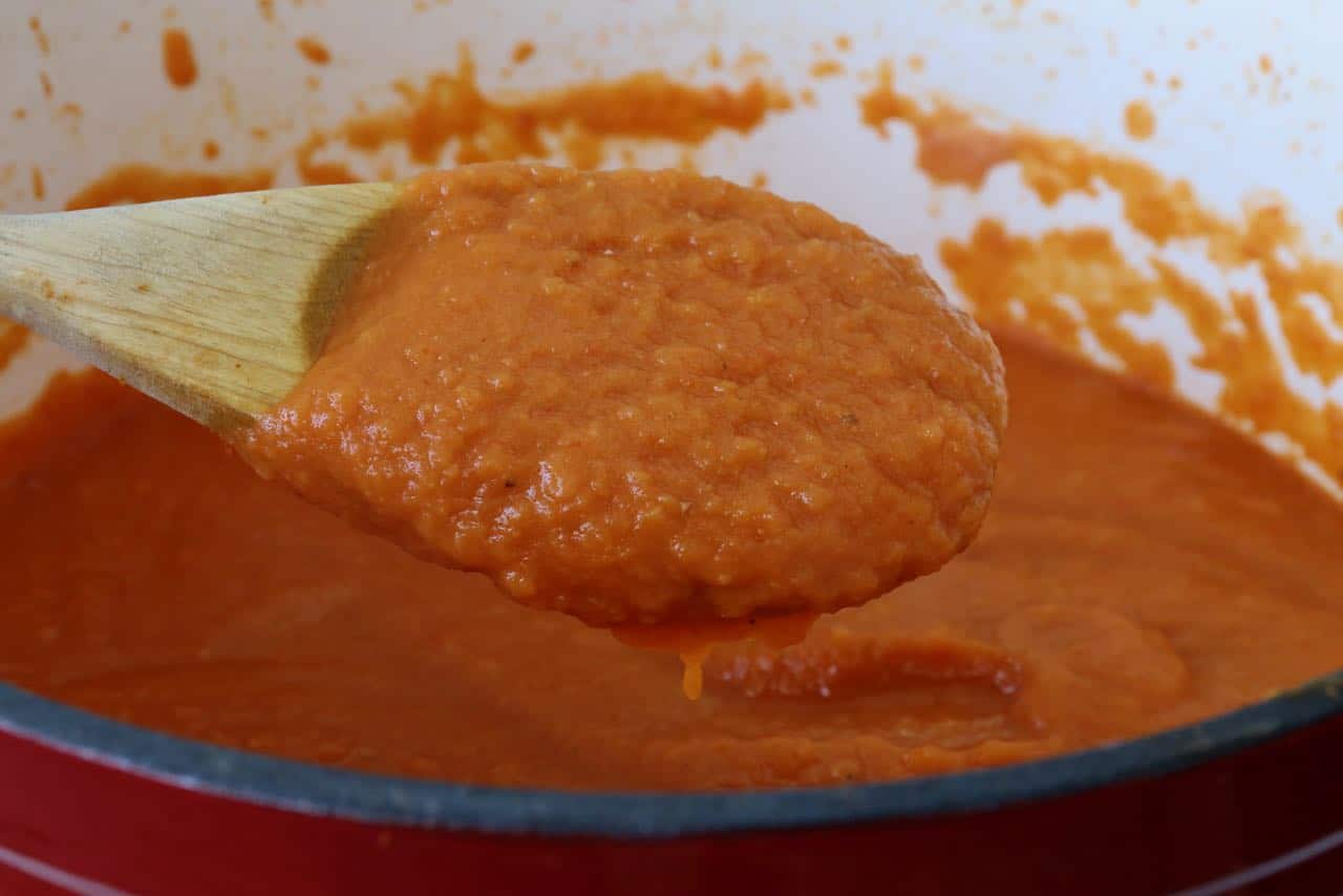 Use a wooden spoon or ladle to serve our Roasted Sweet Potato and Red Pepper Soup recipe.