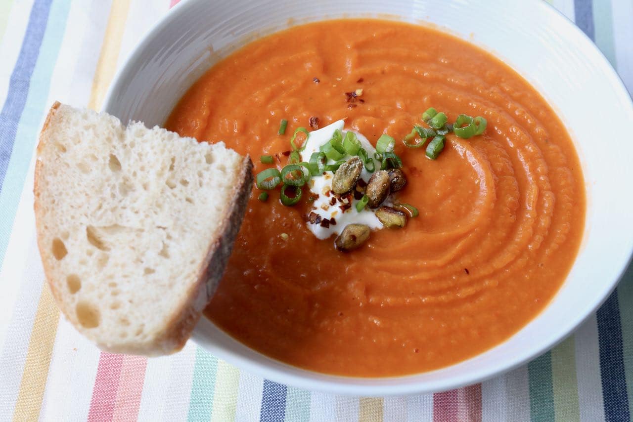 Serve Sweet Potato and Red Pepper Soup with sourdough bread and salad.