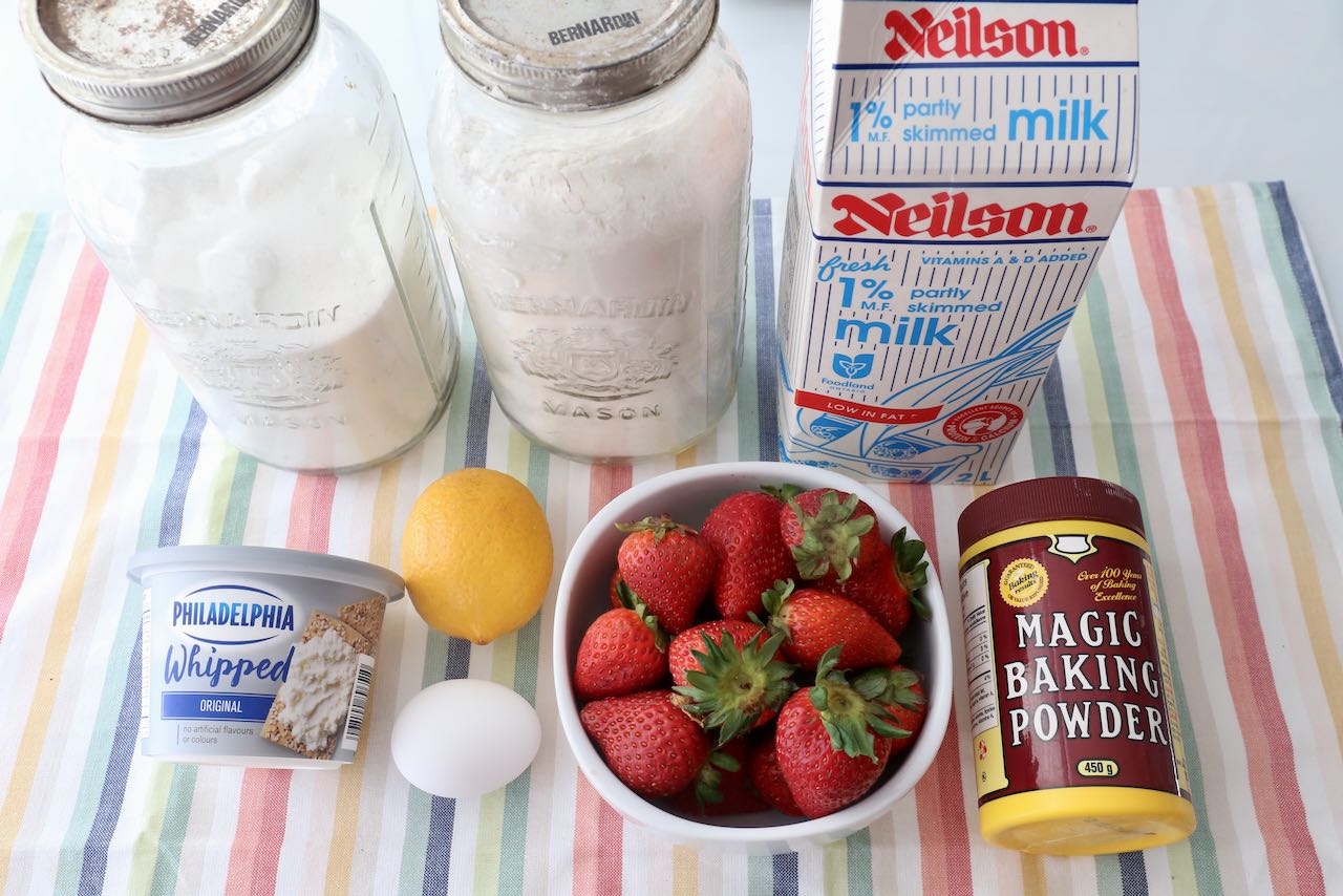 Ingredients you'll need to make easy homemade Strawberry Cream Cheese Muffins.