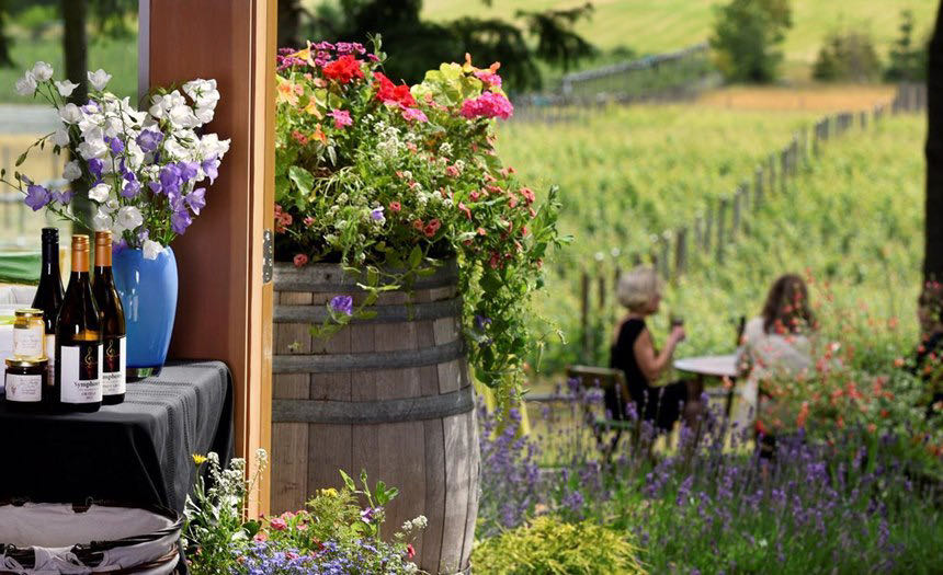 Symphony Vineyard offers an outdoor patio with beautiful views of Vancouver Island. 