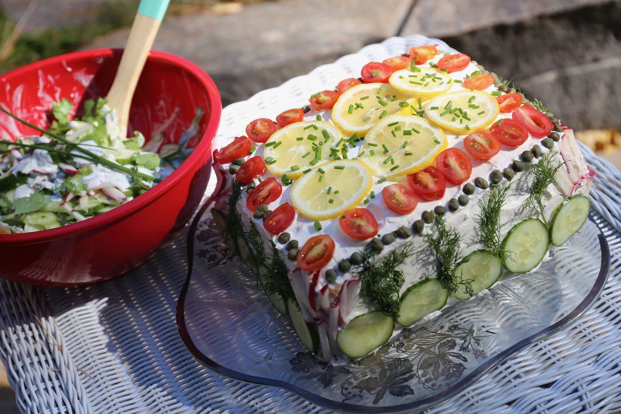 Swedish Sandwich Cake is a fun meal idea for birthdays, wedding and baby showers and Mother's Day brunch.
