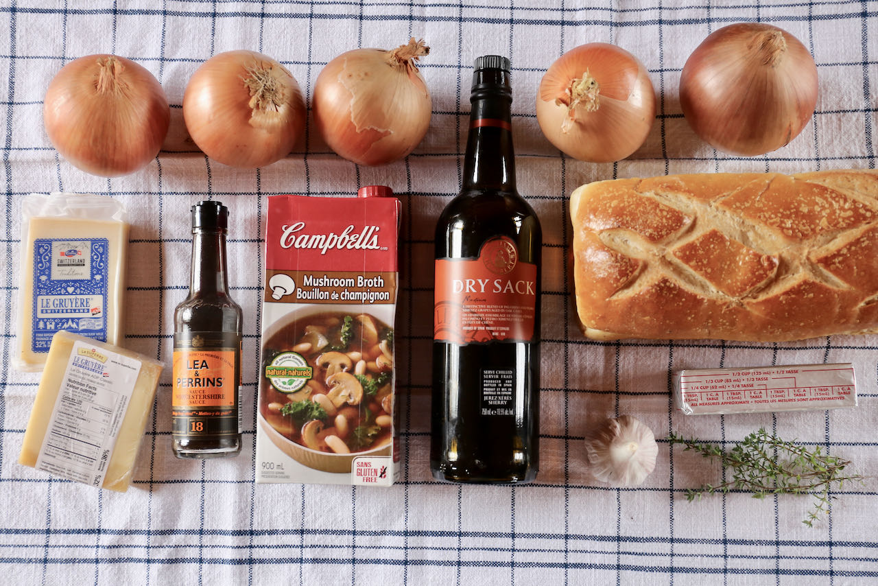 Ingredients you'll need to make our easy homemade Vegetarian French Onion Soup recipe.