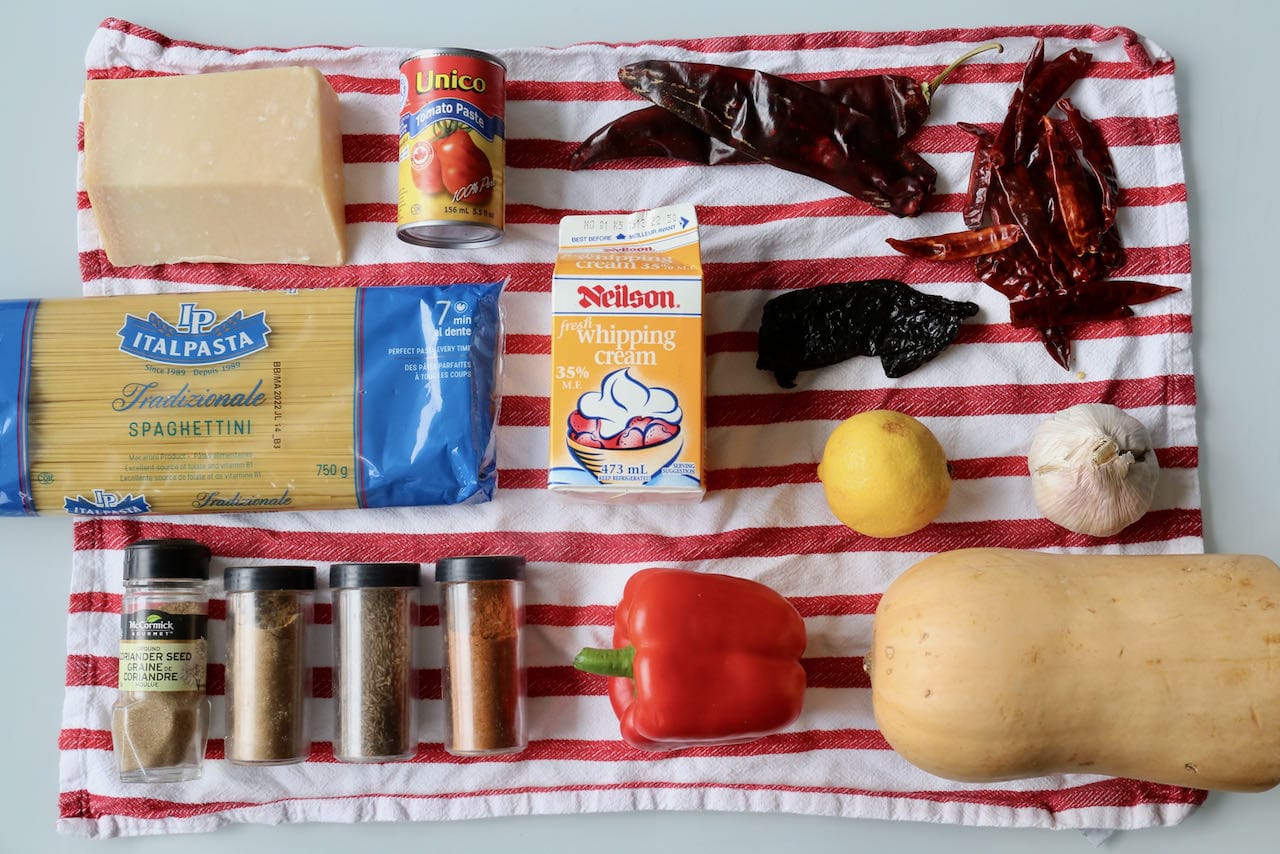 Ingredients you'll need to make our easy Harissa Pasta recipe.