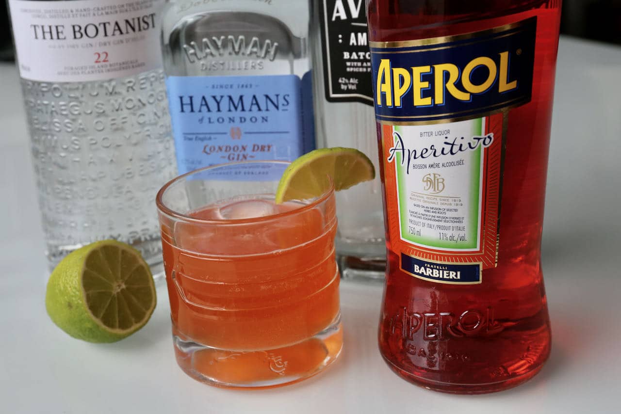 Garnish our easy Aperol Gin cocktail with a slice or wedge of lime.